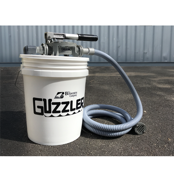Bucket Guzzler showing 5-gallon pail, pump, 10 ft of hose with hose strainer.